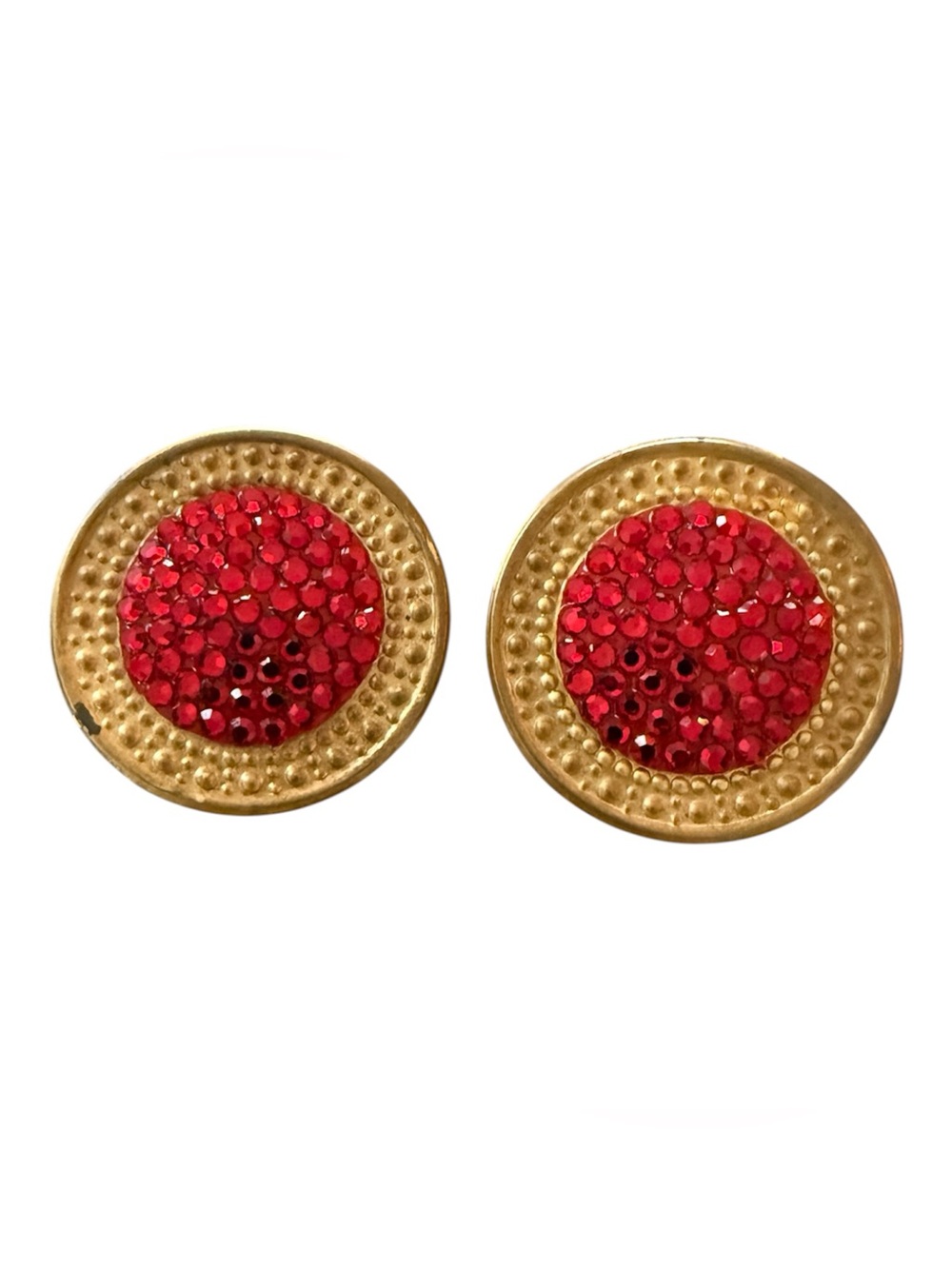 RICHARD KERR 1980s Pave Rhinestone Earrings in Gold with Red Center, Clip On’s
